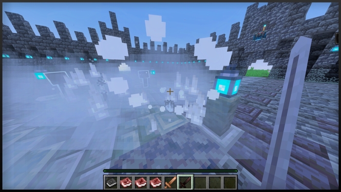 Foggy castle arena with magical effects.