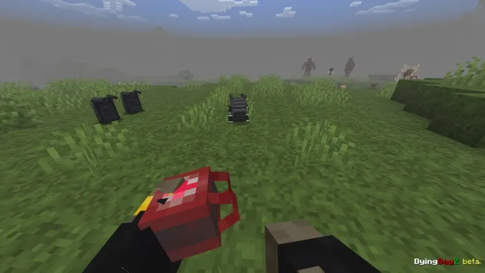 First-person view holding a red item.