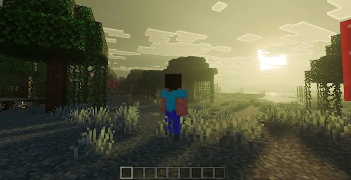 Sunset over lush blocky landscape