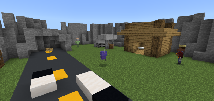 Blocky town with road and structures.
