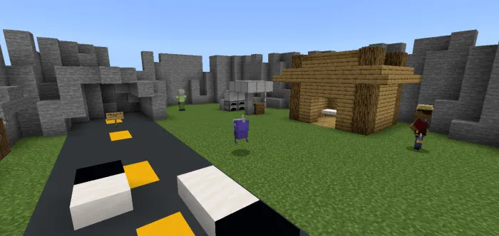 Blocky town with road and structures.