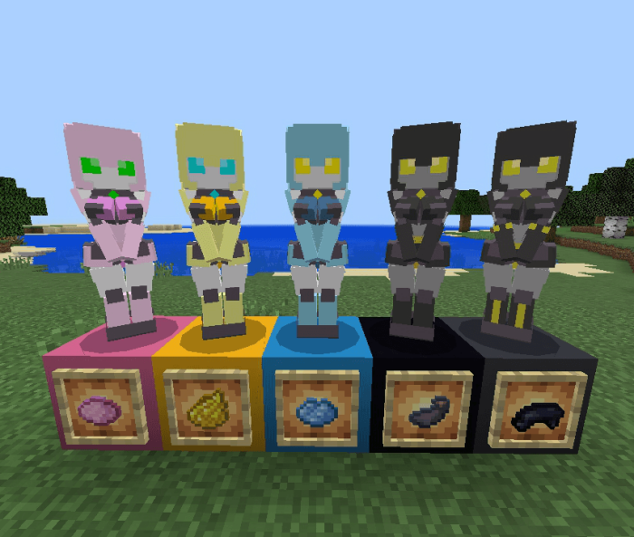Colorful robot figures on display blocks.