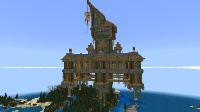 Intricate wooden structure over forest.