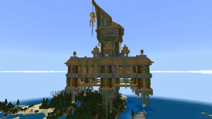 Intricate wooden structure over forest.