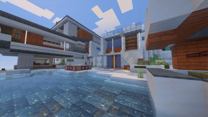 Modern building with pool in pixel art.
