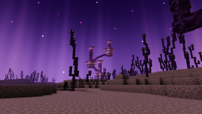 Fantasy-themed landscape with purple sky.