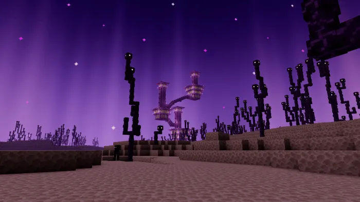 Fantasy-themed landscape with purple sky.