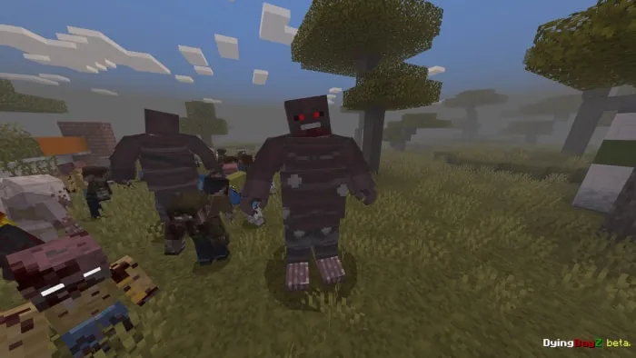 Blocky zombies in a grassy landscape.