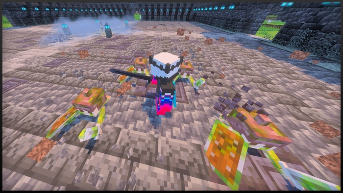 Skeleton king confronts minions in arena.