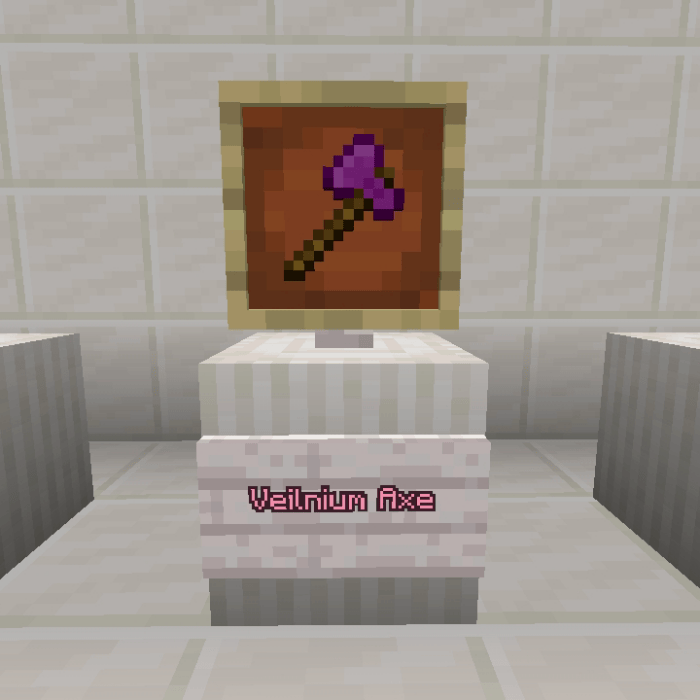 Veilnium Axe display on stone pedestal.
