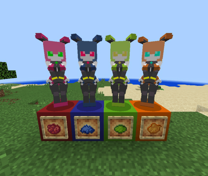 Colorful robot figures on colored blocks.