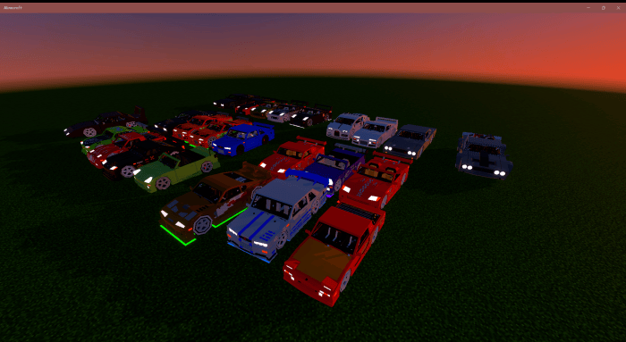 Blocky cars in sunset landscape.