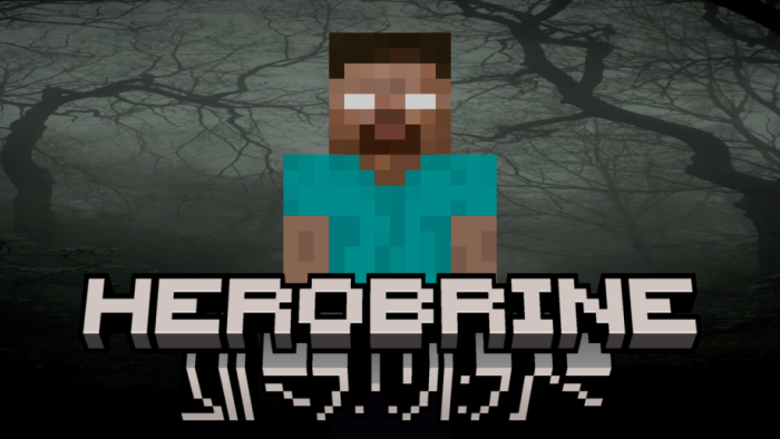 Herobrine character with eerie forest background.