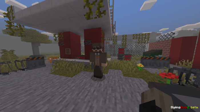 Blocky character near a red structure.