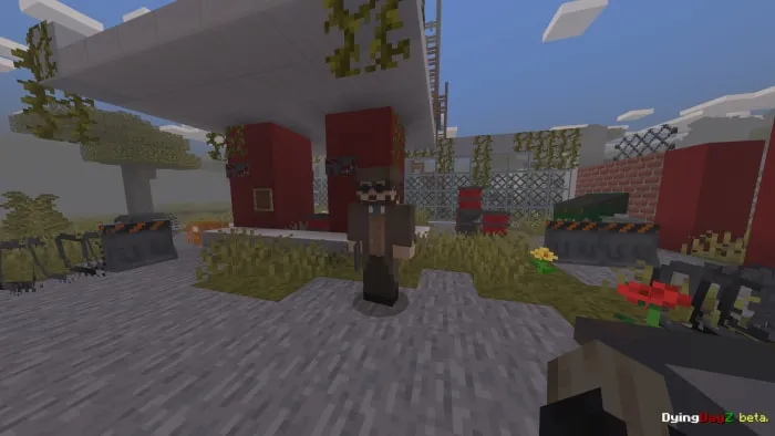 Blocky character near a red structure.
