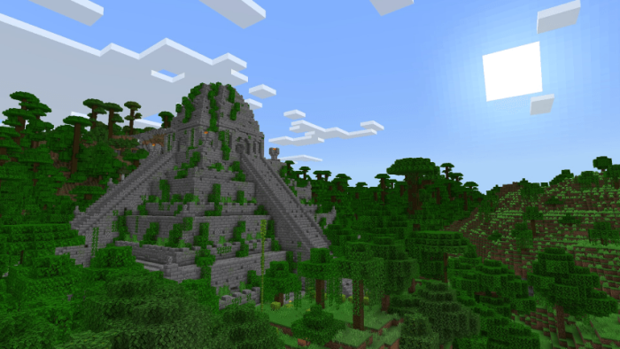 Stone temple in lush forest landscape.