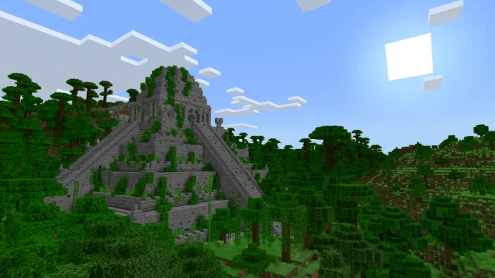 Stone temple in lush forest landscape.