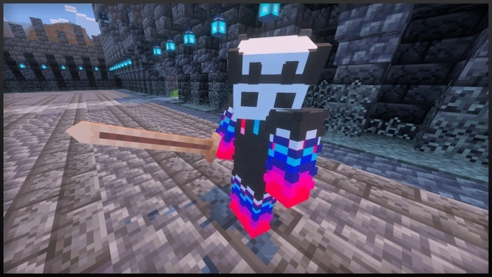 Skeleton King with sword in dungeon.