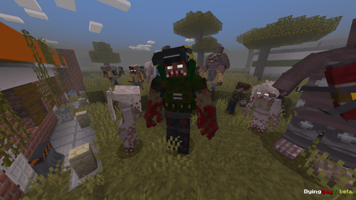Zombie horde in grassy field.