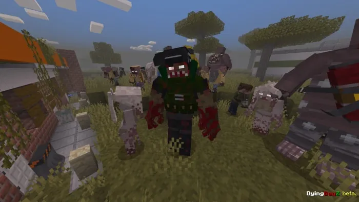 Zombie horde in grassy field.