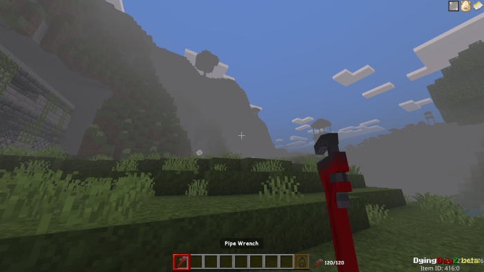 First-person view holding a pipe wrench.