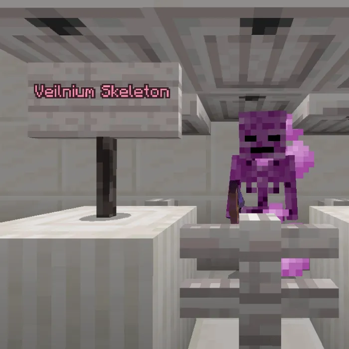 Veilnium Skeleton with a sign nearby.