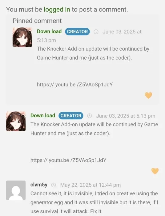 Comments on Knocker mod update.