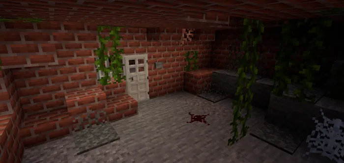 Brick room with vines and a white door.