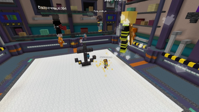 Characters on a platform with particle effects.