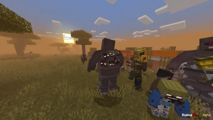 Zombies roam grassy landscape at sunset.