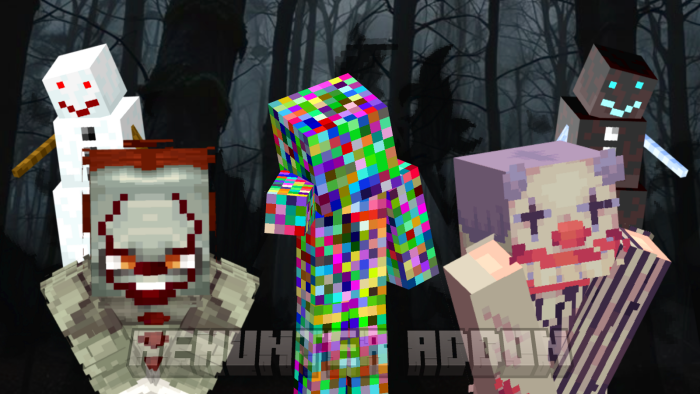 Creepy pixelated mobs in a dark forest.