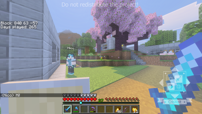 Player with sword near cherry blossom tree.