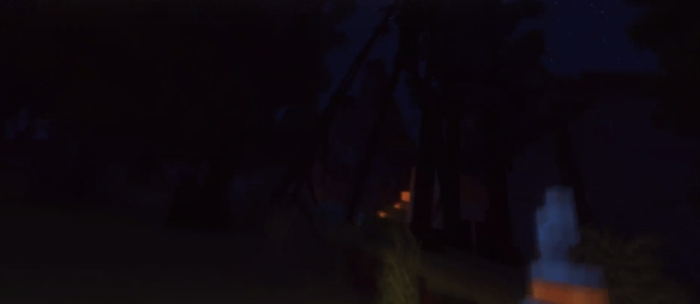 Dark forest with Siren Head silhouette.