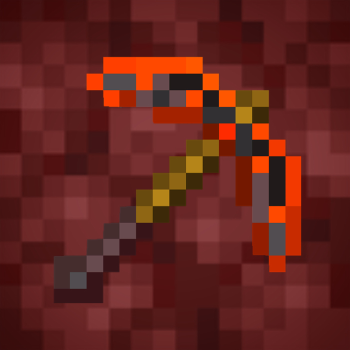 Pixelated orange and brown pickaxe.