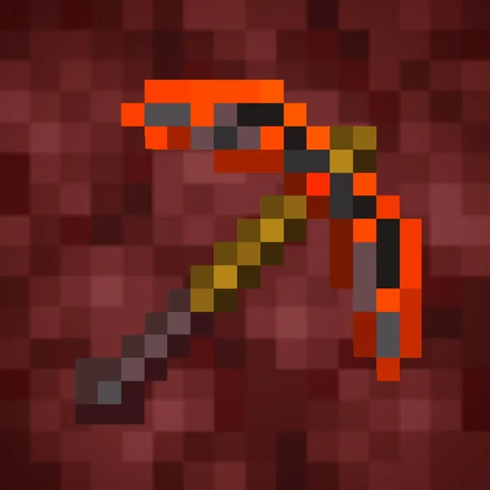Pixelated orange and brown pickaxe.