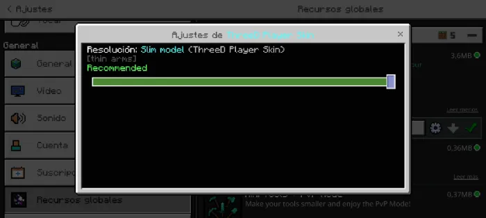 Settings menu for 3D Player Skin.