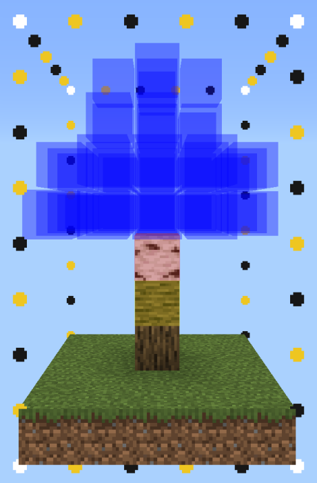 Pixelated blue tree on grassy block.