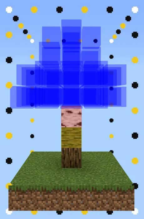 Pixelated blue tree on grassy block.