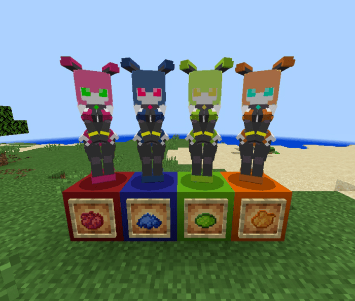 Four colorful robot figures on blocks.