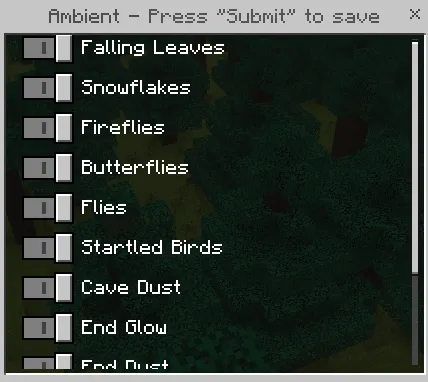Ambient effects toggle menu with options