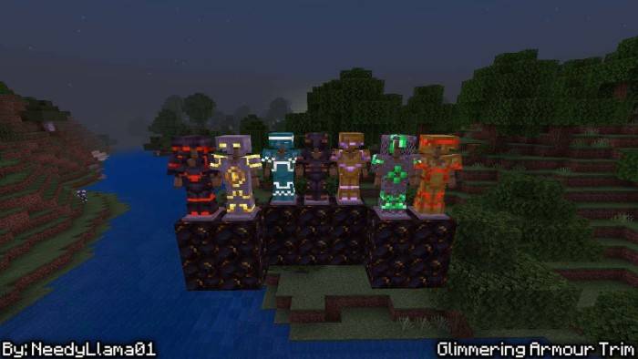 Glowing armor stands on blocks at night.