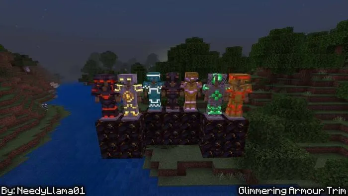 Glowing armor stands on blocks at night.