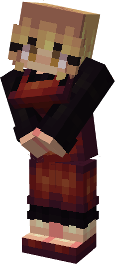 Pixelated character in red and black outfit.