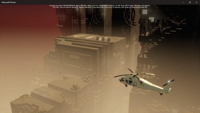 Blocky helicopter flies over a dark cityscape