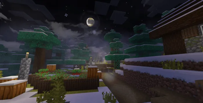 Snowy village at night with bright moon