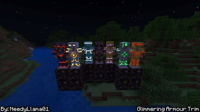 Glowing armor trims on display at night.