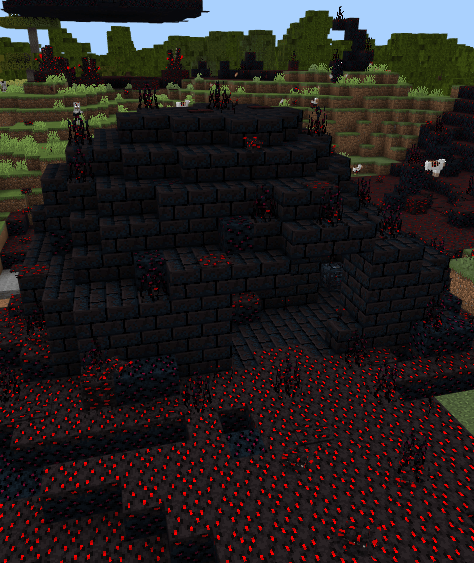 Dark fortress with glowing red terrain.