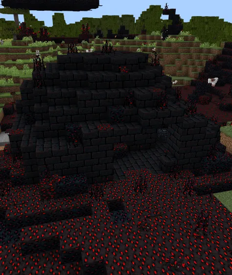 Dark fortress with glowing red terrain.