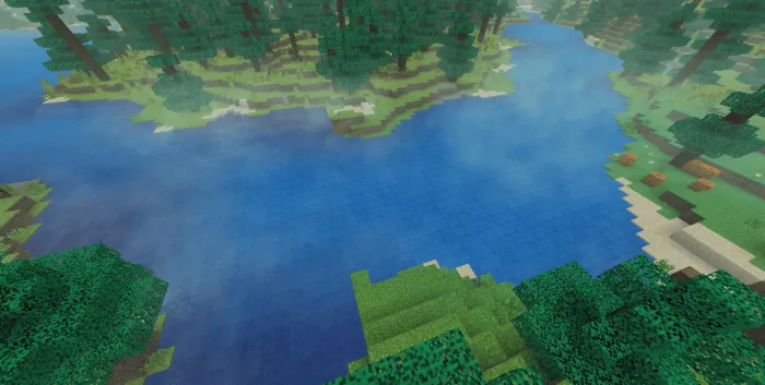 Realistic fog and clouds over a blocky lake