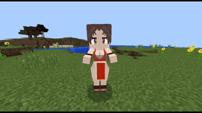 Animated character in a blocky landscape.